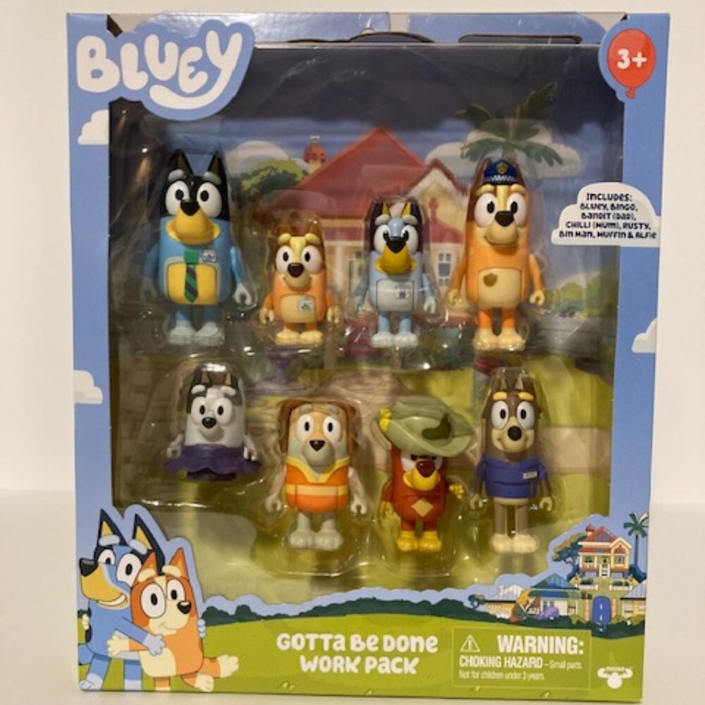 NIB Bluey Gotta be Done Work Pack 8 Figures Rusy/Bin Man/Muffin/Alfie